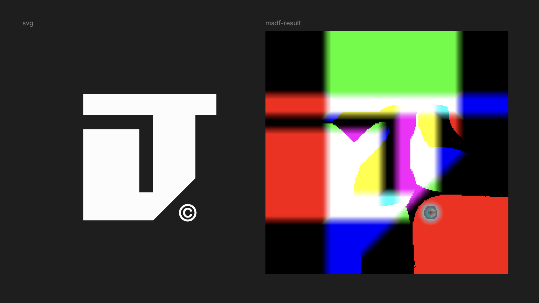 Side-by-side comparison of a shape rendered from a plain raster versus an MSDF texture, showing the MSDF staying crisp where the raster breaks down.